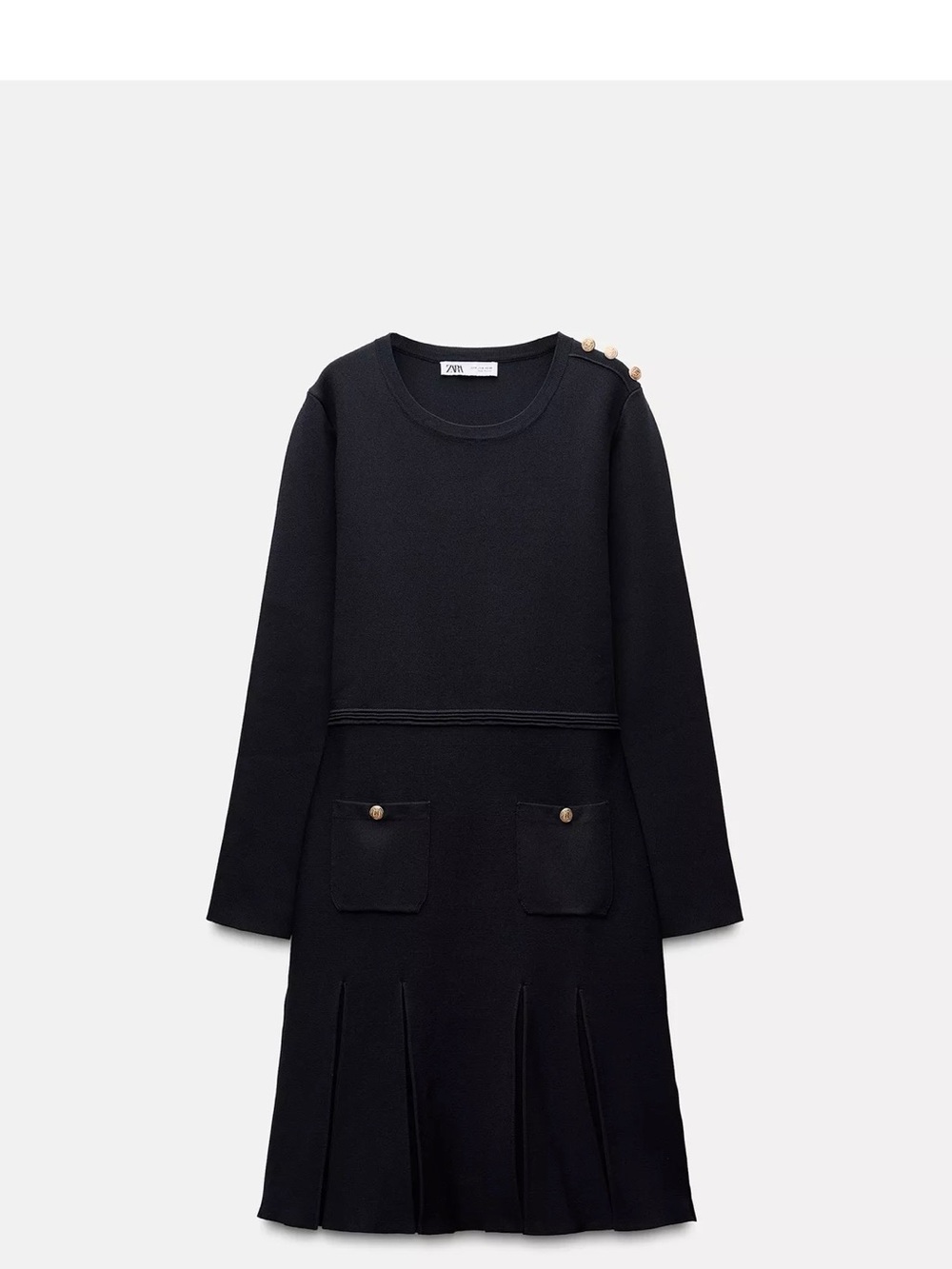 Zara- Pleated Short Black Knit Dress with Gold Button Accents- Small